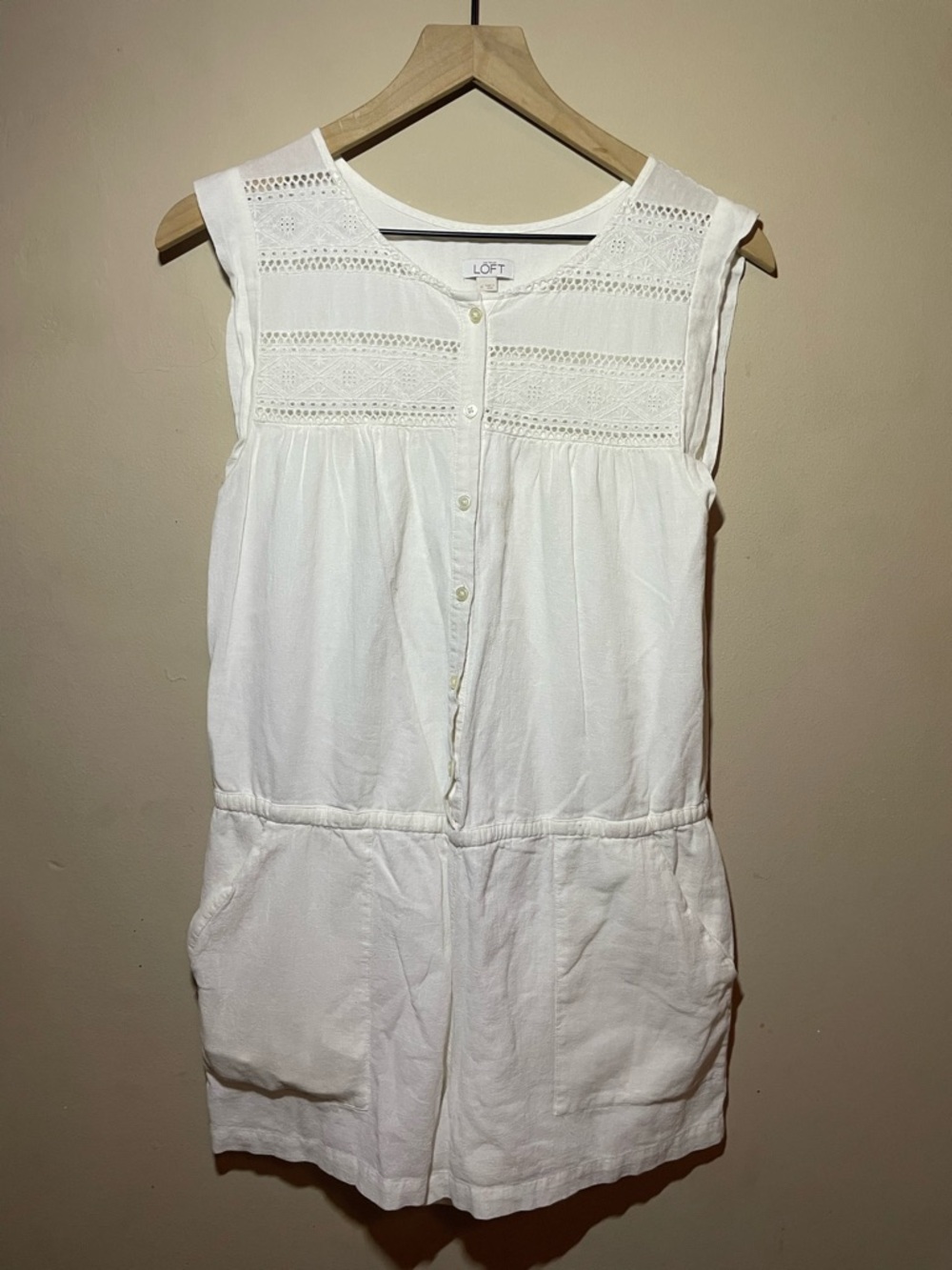 LOFT White Sleeveless Crochet Yoke Romper, medium